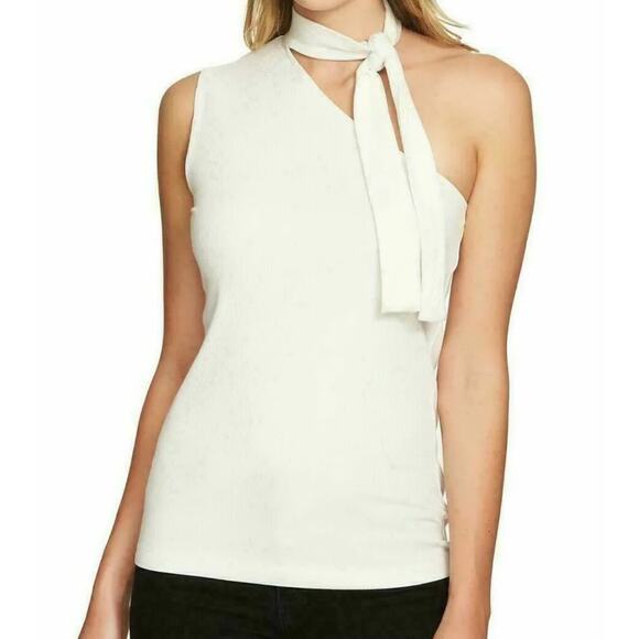 1. State One Shoulder Top Large Cream Ribbed Tie Neck Jersey Knit Minimalist New - Picture 1 of 12